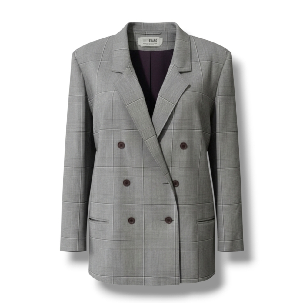 Russ Togs Women’s Vintage Gray Plaid Double-Breasted Blazer – Size 16